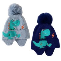 KIDS6243-1: Baby Fleece Lined Pom Hat With Dinosaur Embroidery (3-12 Months)